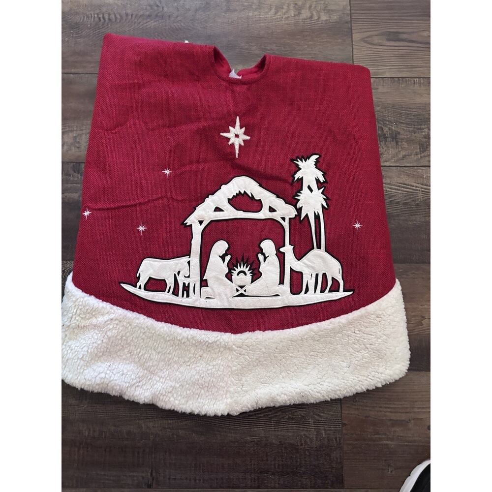 Nativity Scene Christmas Tree Skirt Jesus 48" Felt Red White Fur Holiday